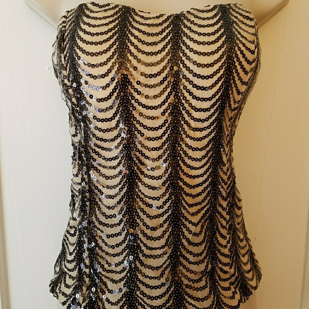Beige Sequin Strapless Top for Going Out